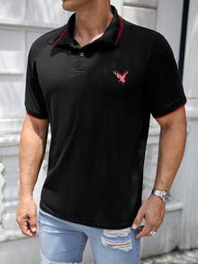 GENTILAND Men Plus Cotton Deer Print Contrast Trim Polo Shirt - Black - View 6