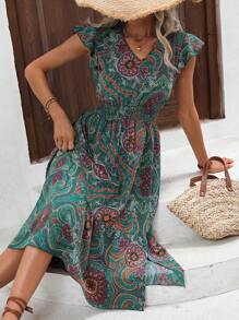 SHEIN VCAY 佩斯利印花蝴蝶袖荷葉邊連衣裙 - 彩色 - 查看 6