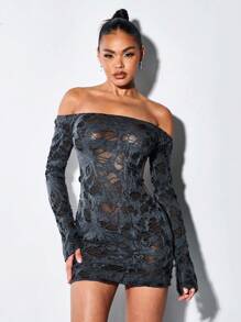 SHEIN BAE 一字肩鏤空露背緊身洋裝 - 深灰色 - 查看 3
