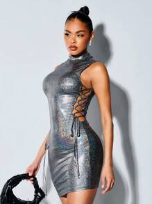 SHEIN BAE Mock Neck Lace Up Side Metallic Bodycon Dress - Silver - View 6