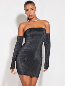 SHEIN BAE Off Shoulder Long lanh Váy bodycon - màu đen - Xem 2