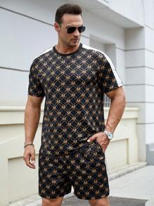 GENTILAND Men Plus Allover Print Contrast Side Seam Tee & Shorts - Multicolor - View 5