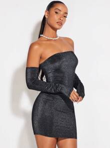 SHEIN BAE Off Shoulder Long lanh Váy bodycon - màu đen - Xem 5