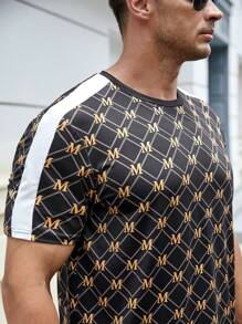 GENTILAND Men Plus Allover Print Contrast Side Seam Tee & Shorts - Multicolor - View 8