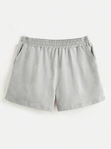 SHEIN BASICS Plus  Terry Fleece Solid Slant Pocket Shorts - Light Grey - View 1