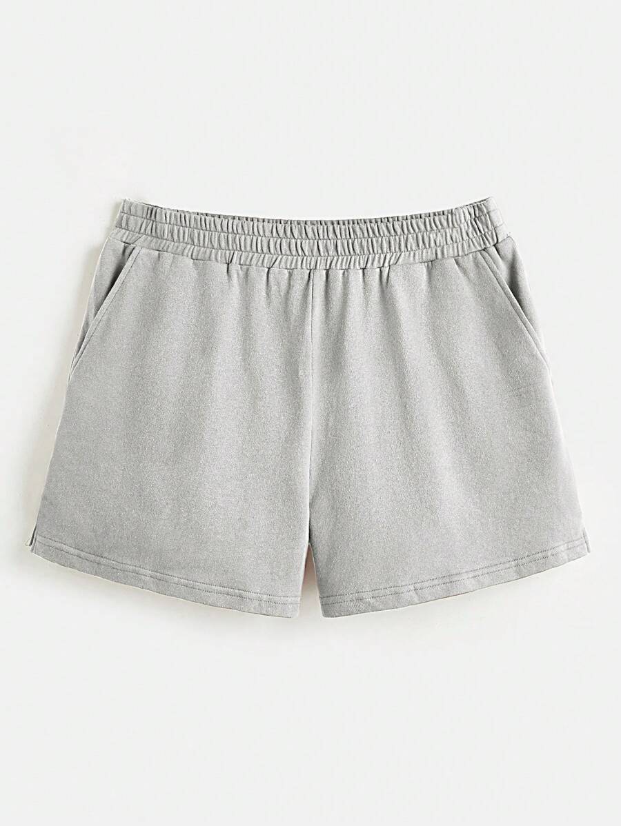 SHEIN BASICS Plus  Terry Fleece Solid Slant Pocket Shorts - Light Grey - View 1