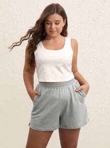 SHEIN BASICS Plus  Terry Fleece Solid Slant Pocket Shorts - Light Grey - View 3