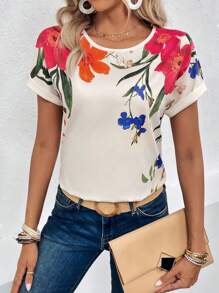 Breezaya Floral Print Batwing Sleeve Blouse - Apricot - View 4