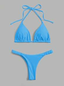 Swim Vcay Summer Beach Solid Triangle Halter Bikini Set, Vacation Bikini - Blue - View 1