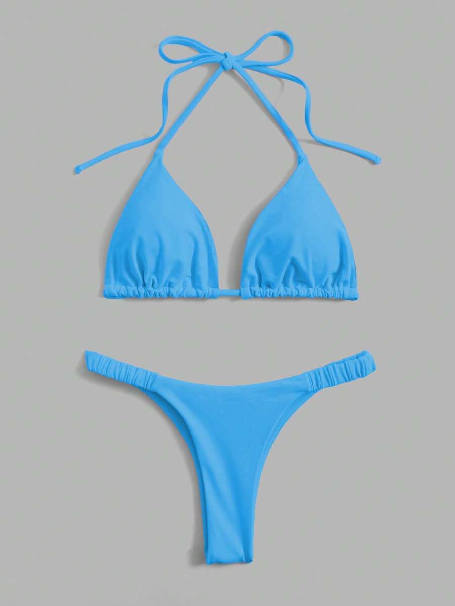 Swim Vcay Summer Beach Solid Triangle Halter Bikini Set, Vacation Bikini - Blue - View 1