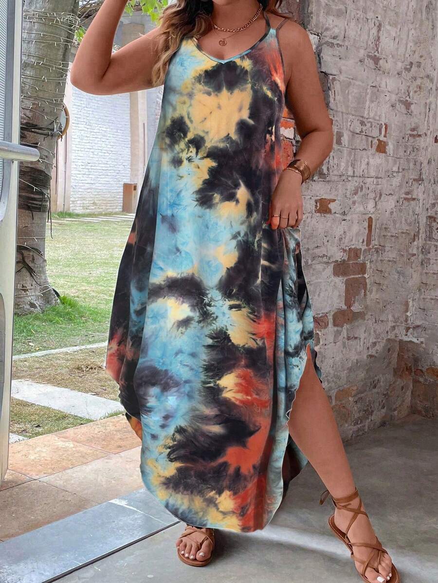 SHEIN LUNE Đầm Plus Size Lộ Lưng Hội Chữ thập Cà vạt nhuộm Boho - Nhiều màu - Xem 1