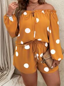 SHEIN LUNE 大碼波點圖案一字肩燈籠袖上衣和短褲 - 黃色 - 查看 3