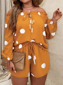 SHEIN LUNE 大碼波點圖案一字肩燈籠袖上衣和短褲 - 黃色 - 查看 4