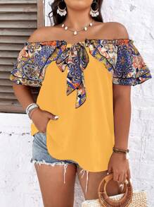 SHEIN Holidaya Plus Mandala Print Off Shoulder Knot Front Blouse - Yellow - View 1