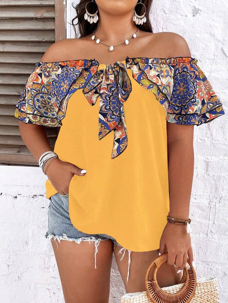 SHEIN Holidaya Plus Mandala Print Off Shoulder Knot Front Blouse - Yellow - View 1