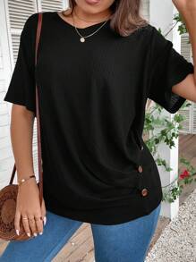 SHEIN LUNE Áo thun Plus size Nút Xù màu trơn Giải trí - màu đen - Xem 1