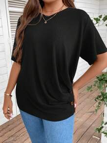 SHEIN LUNE Áo thun Plus size Nút Xù màu trơn Giải trí - màu đen - Xem 4