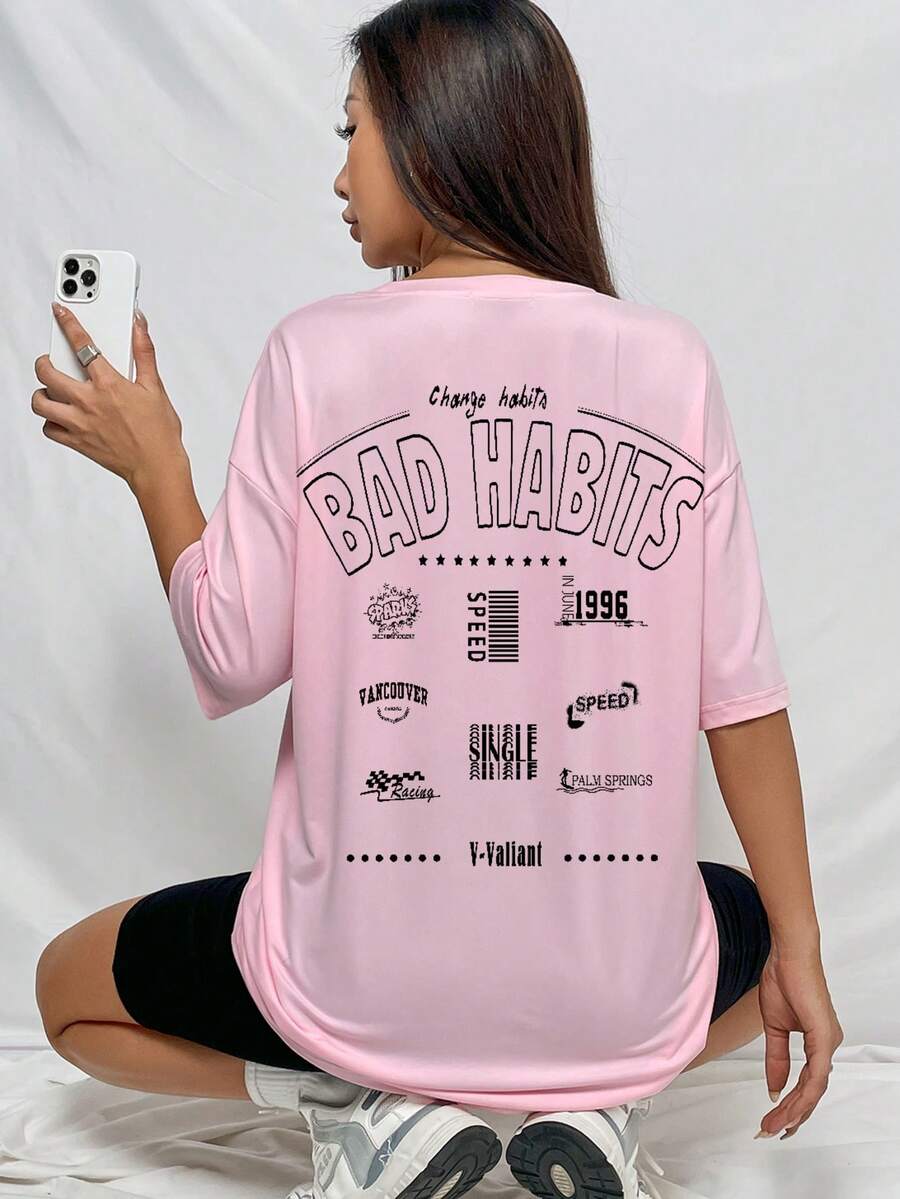 SHEIN Unity Áo thun cổ tròn in chữ và ngôi sao thường ngày cho nữ - Màu Hồng baby - Xem 1