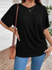 SHEIN LUNE Áo thun Plus size Nút Xù màu trơn Giải trí - màu đen - Xem 3