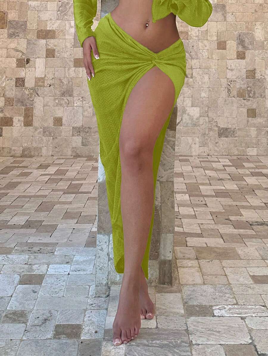 SHEIN SXY Váy nữ xoắn lại Tách cao màu trơn Gợi cảm - Màu xanh chanh - Xem 1