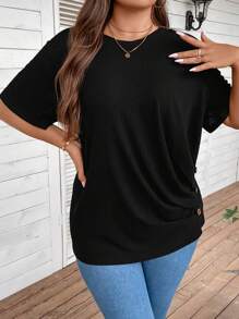 SHEIN LUNE Áo thun Plus size Nút Xù màu trơn Giải trí - màu đen - Xem 5