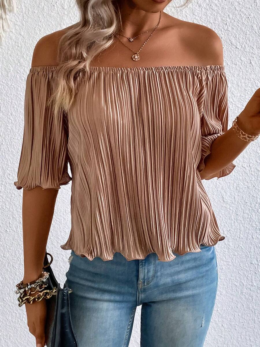 SHEIN Privé Off Shoulder Lettuce Trim Plisse Top - Apricot - View 1