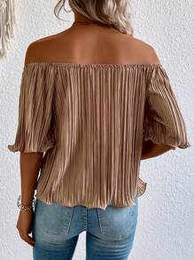 SHEIN Privé Off Shoulder Lettuce Trim Plisse Top - Apricot - View 2