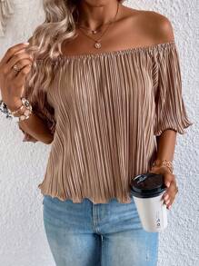 SHEIN Privé Off Shoulder Lettuce Trim Plisse Top - Apricot - View 3