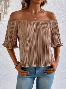 SHEIN Privé Off Shoulder Lettuce Trim Plisse Top - Apricot - View 5