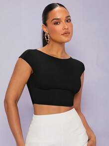 SHEIN BAE 後背繫帶短款T恤 - 黑色 - 查看 2