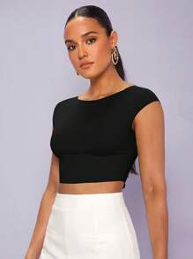 SHEIN BAE 後背繫帶短款T恤 - 黑色 - 查看 5