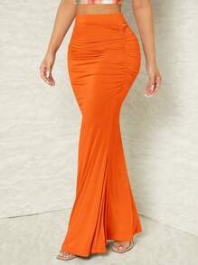 SHEIN SXY Falda bajo de sirena unicolor fruncido - Naranja - Ver 1