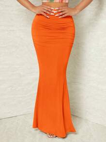 SHEIN SXY Falda bajo de sirena unicolor fruncido - Naranja - Ver 4