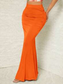 SHEIN SXY Falda bajo de sirena unicolor fruncido - Naranja - Ver 5