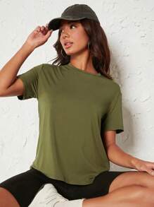 SHEIN BASICS Áo thun nữ màu trơn Giải trí - xanh quân đội - Xem 1