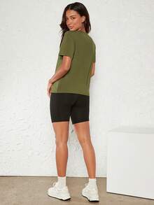 SHEIN BASICS Áo thun nữ màu trơn Giải trí - xanh quân đội - Xem 6