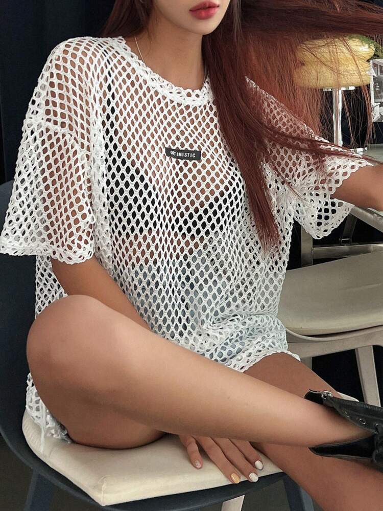 Letter Patched Drop Shoulder Mesh Top Without Bra Going Out Tops Sheer