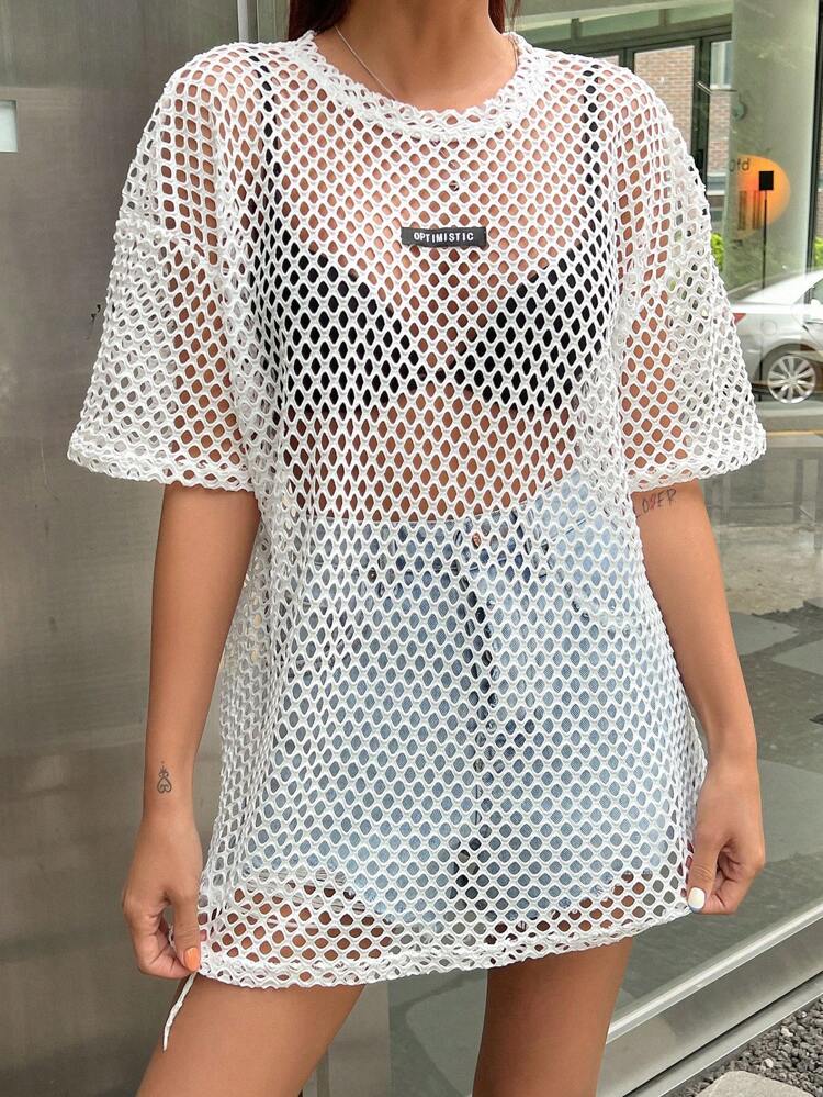 Letter Patched Drop Shoulder Mesh Top Without Bra Going Out Tops Sheer