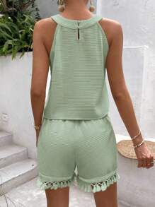 SHEIN Frenchy Solid Keyhole Back Halter Top & Guipure Lace Trim Shorts - Green - View 2