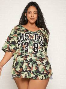 SHEIN CURVE+ 大碼字母和迷彩圖案落肩袖襯衫 - 彩色 - 查看 4