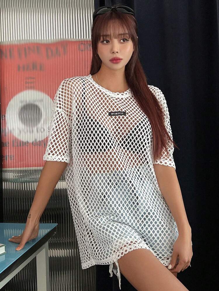 Letter Patched Drop Shoulder Mesh Top Without Bra Going Out Tops Sheer