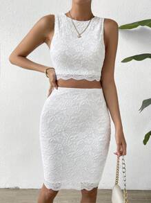 SHEIN Privé Chất rắn Ren Áo ba lỗ & Váy bodycon - trắng - Xem 1