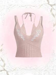Star Embroidery Halter Knit Top - Pink - View 1