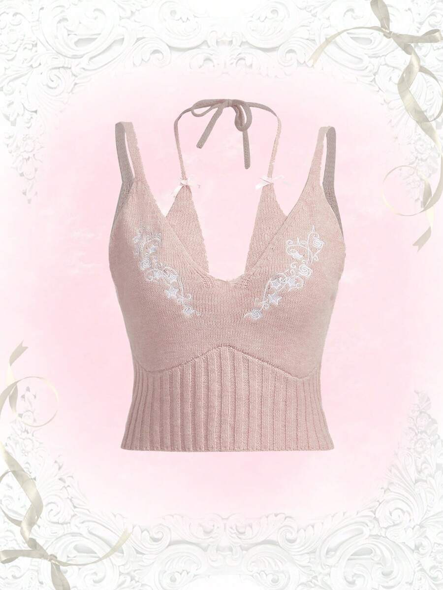 Star Embroidery Halter Knit Top - Pink - View 1