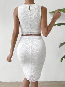 SHEIN Privé Chất rắn Ren Áo ba lỗ & Váy bodycon - trắng - Xem 2