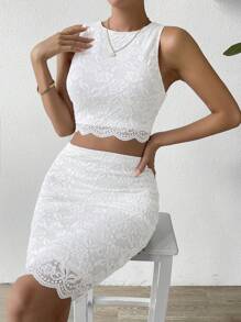 SHEIN Privé Chất rắn Ren Áo ba lỗ & Váy bodycon - trắng - Xem 4