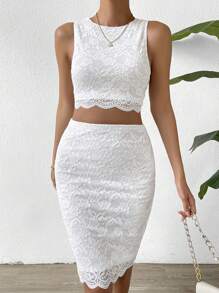 SHEIN Privé Chất rắn Ren Áo ba lỗ & Váy bodycon - trắng - Xem 3