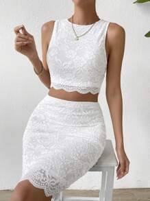 SHEIN Privé Chất rắn Ren Áo ba lỗ & Váy bodycon - trắng - Xem 5