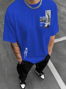 Manfinity Hypemode Loose Fit Men's Photo & Slogan Print Graphic T-Shirt - Blue - View 1
