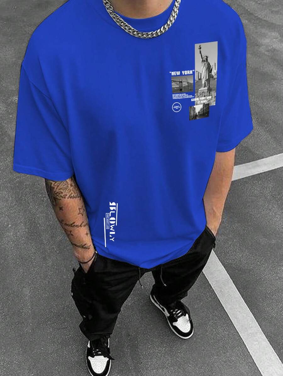 Manfinity Hypemode Loose Fit Men's Photo & Slogan Print Graphic T-Shirt - Blue - View 1